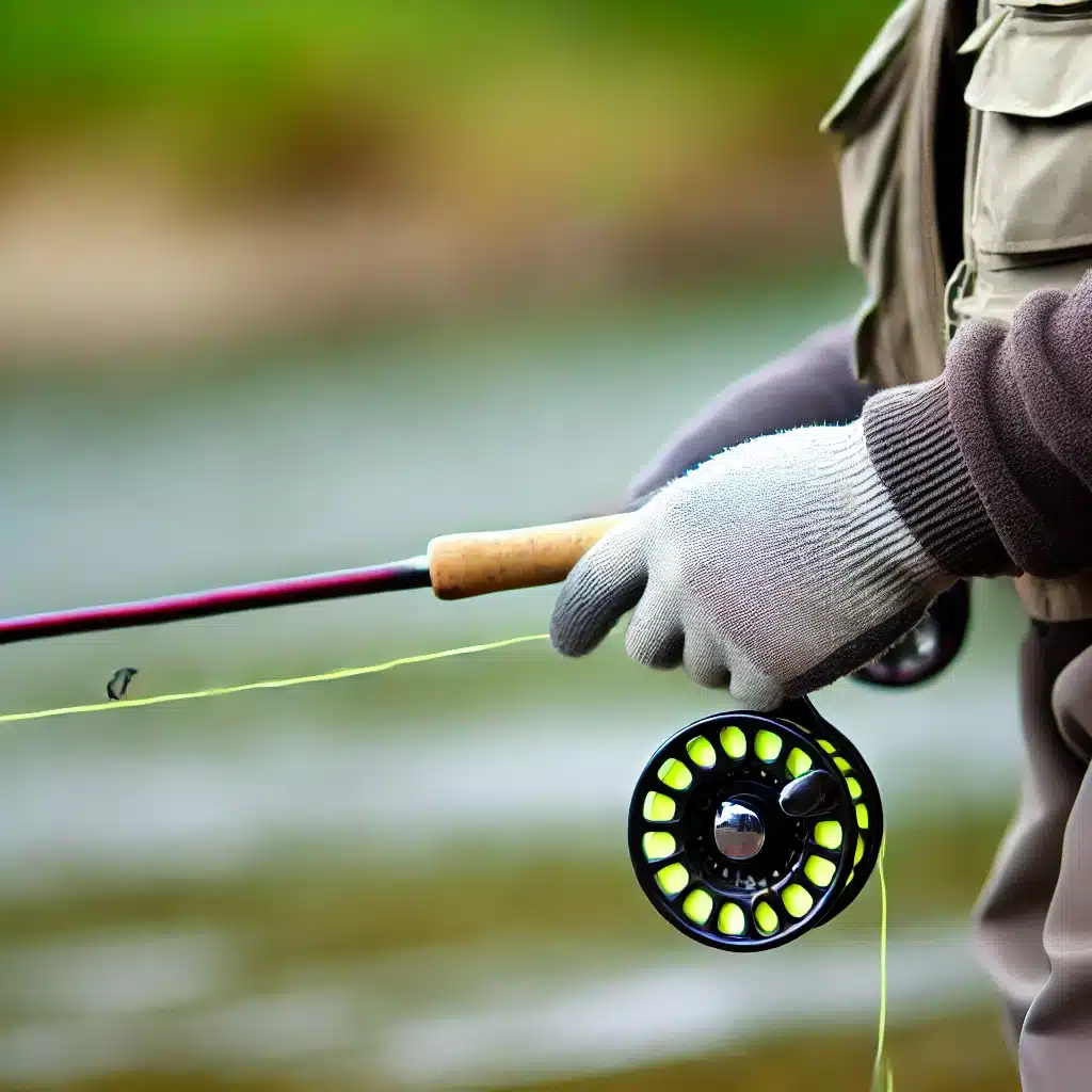 A fly fisher wearing protective gloves while handling a fly rod and reel. The scene captures the angler standing by a river, focusing on the gloves 