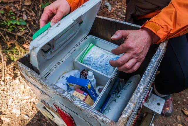 image of first aid supplies that anglers should keep with them. the picture should include 1 item of each supply to deal with hand injuries in fly fishing
